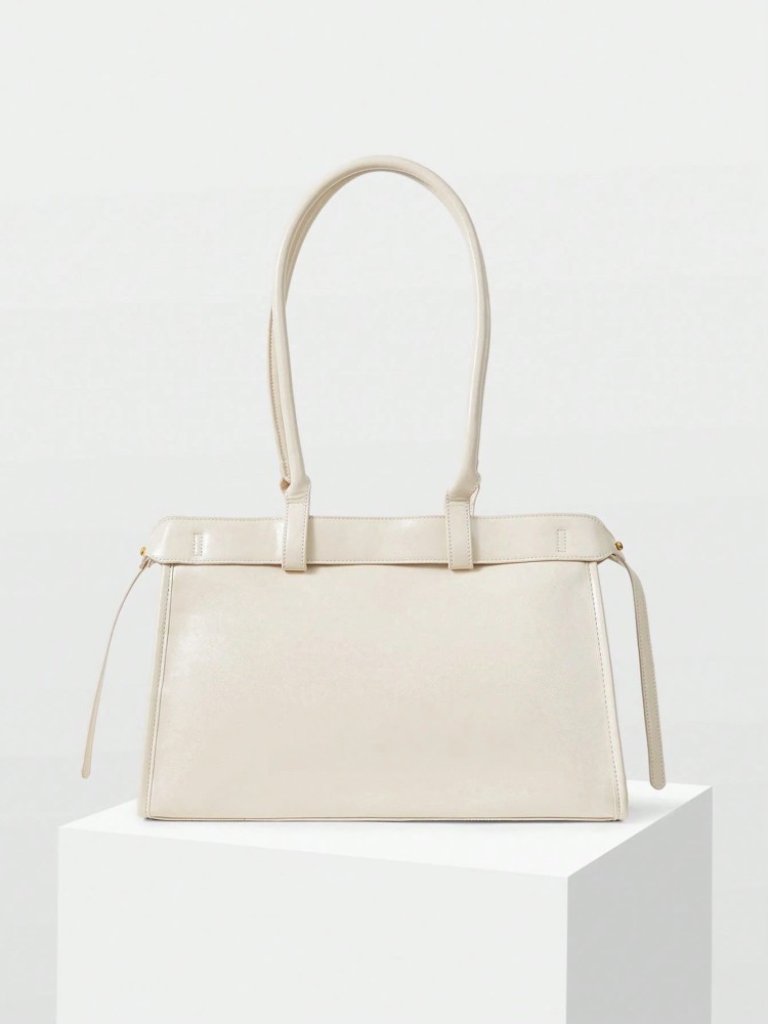 Cream Structured Shoulder Bag With Gold Hardware
